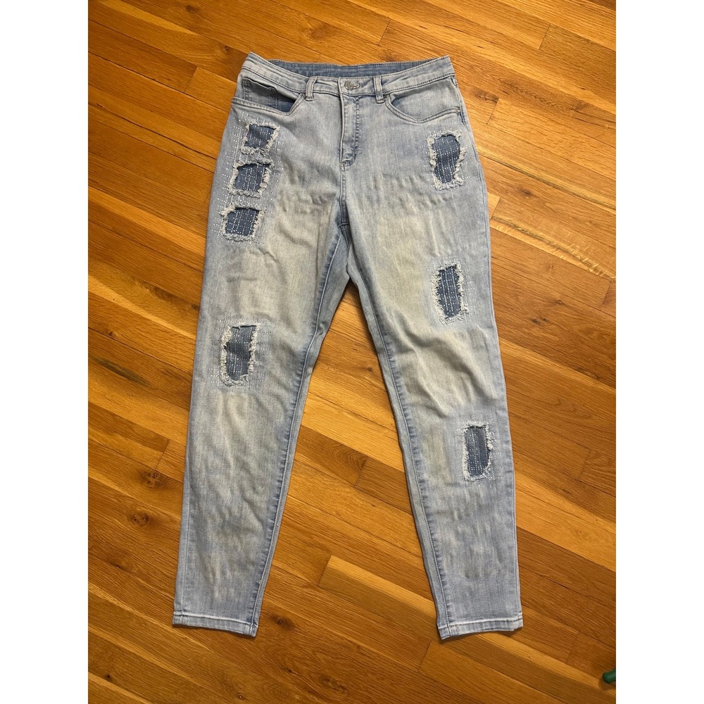 Joseph Ribkoff Rhinestone Distressed Light Wash Jeans K20158-960 Blue Denim 32